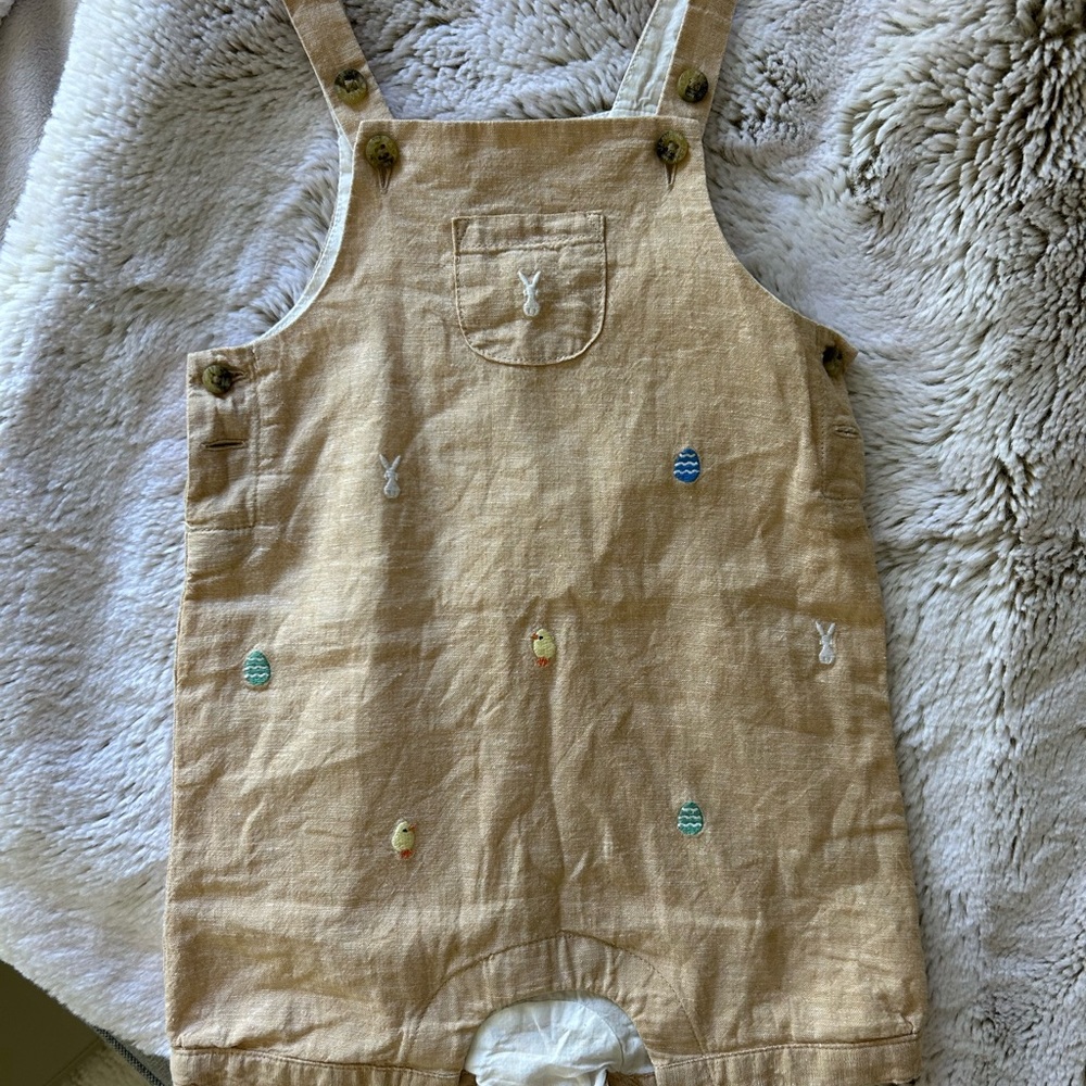 Janie and Jack Easter Tan Overalls with Embroidered Details